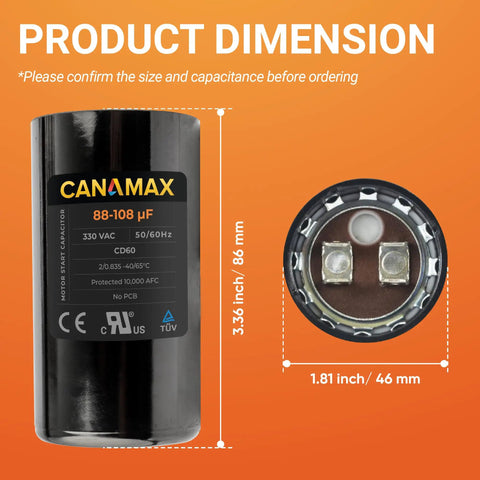 Product dimensions of Beefy 88 To 108uF 330V Round Motor Start Capacitor For AC Motors, Fans And Heat Pumps shown with size