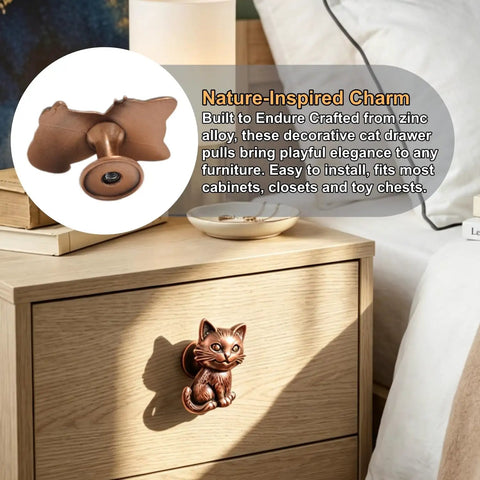 Hella Adorable 3D Sitting Cat Cabinet Knobs Four Pack Vintage Metal Drawer Pulls For Kitchen Cabinetry Upgrades with embossed design on drawer.