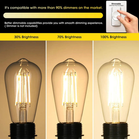 Brightness levels of Vintage LED Edison Bulbs 6W Equivalent 60W Warm White 2700K ST58 Antique Filament Bulbs shown at 30%, 70%, 100%