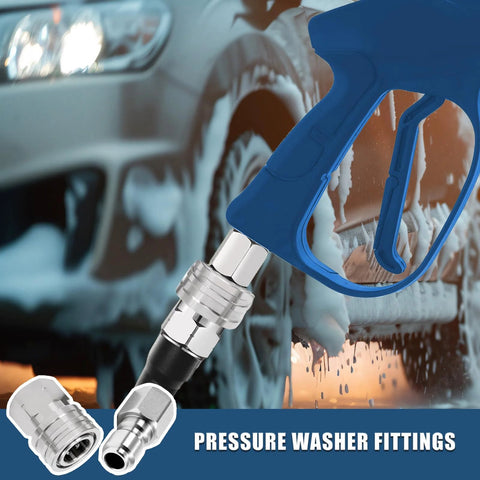 Front view of blue pressure washer spray gun with 3/8 inch stainless steel quick-connect fittings attached (4-piece kit)