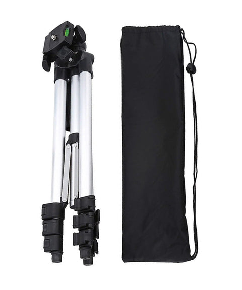 Lightweight 50 Inch Aluminum Tripod With 3 Way Pan And Tilt Head, Flip Lock Leg Locks, Height Adjustable Center Column, Bubble Level, And Non Slip Feet For Stable, Easy Setup For Cameras And Camcorders, shown folded with carry case.