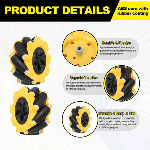 80mm Mecanum Wheel Set For Smart Robot Cars And DIY Projects Omnidirectional Wheels With ABS Rubber 2 Pack Yellow Color