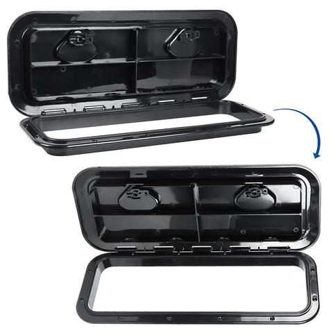 Heavy Duty Boat Hatch Cover Built Like A Tank With Premium Abs Plastic For Tight Deck Access Features Dual Recessed Handles And A Smooth One Eighty Degree Swing Hinge Supports Vertical Or Horizontal No Hassle Install Black, showing inside view with handles.