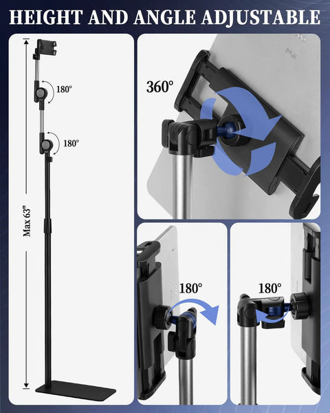 Versatile Height Adjustable Tablet Floor Stand With Dual Self Locking Gears And Straight Up Rock Solid Base Zero Shake Sixty Three Inch Reach For Tablets Phones Monitors Big Time Reliability In Fresh White with adjustable height and angle
