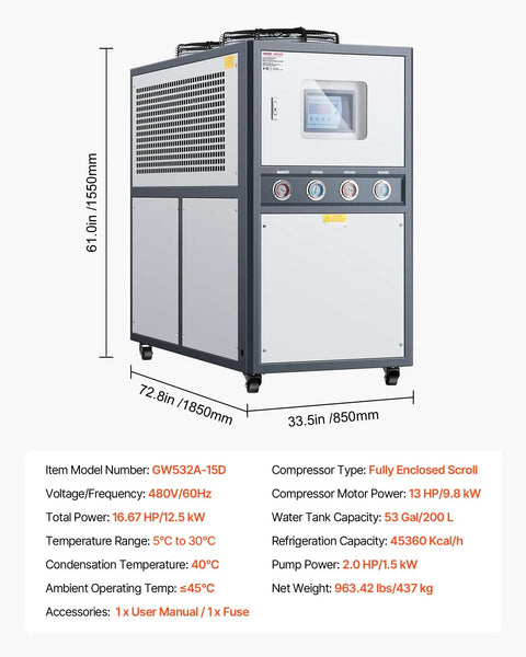 Hardcore Industrial Air Cooled Water Chiller With Dual High Output Compressors And A Massive Fifty Three Gallon Tank side view with touchscreen