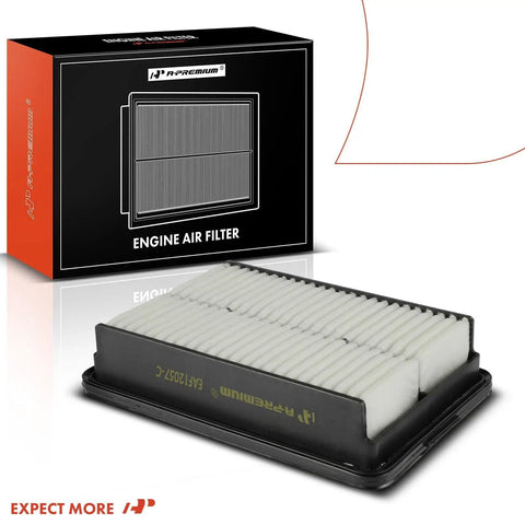 Engine Air Filter For Hyundai Elantra 2017-2020 and Kia Forte 2019-2023, high flow replacement, front view of filter and box.
