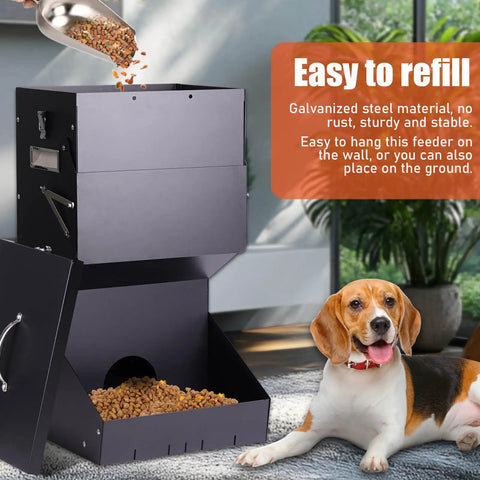 Set And Forget Outdoor Dog Feeder With Sturdy Rain Cover 25 Pound Gravity Kibble Bowl For Large Breeds Auto Fill Pet Station keeps kibble dry and easy to refill.