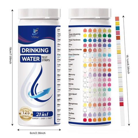 21-In-1 Water Test Strips 125 Count pH Hardness Lead Mercury Chlorine Nitrate Fluoride Heavy Metal Test Kit displayed in a cylindrical container.