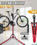 Heavy Duty Bike Repair Stand With 360 Degree Clamp Portable Aluminum Work Stand Supports Up To 110 Lbs Tool Tray For Easy Maintenance Fits Mountain And Road Bikes And Electric Bikes Red shown with bike in home garage
