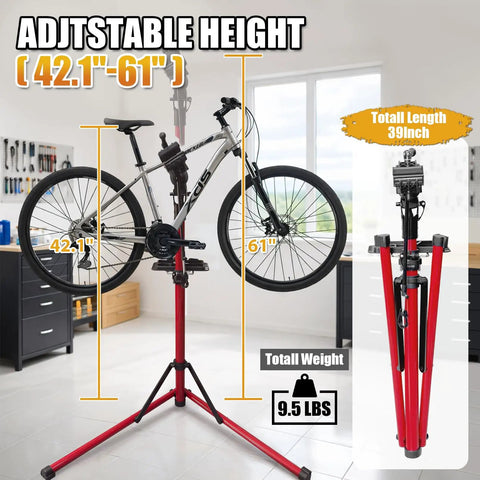 Heavy Duty Bike Repair Stand With 360 Degree Clamp Portable Aluminum Work Stand Supports Up To 110 Lbs Tool Tray For Easy Maintenance Fits Mountain And Road Bikes And Electric Bikes Red shown with bike in home garage