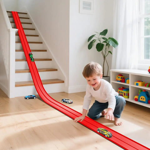 Child playing with Flexible Roll Up Two Lane Race Track For Kid Friendly Play With Suction Cups Includes Four Mini Diecast Cars 1 64th Scale