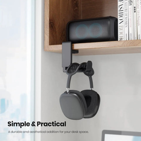 Rotating Headphone Stand For PC Gaming Headsets, Under Desk Clamp-On Holder With 360 Degree Swivel, black clamp on wood shelf