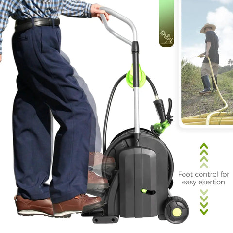 Foot Pedal Hose Reel Cart With Eighty Two Feet Of One Half Inch Hose shown with foot pedal and two wheels for garden use.