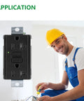 2 Pack 20 Amp Generator GFCI Outlet 125V Industrial Grade Heavy Duty Ground Fault Interrupter For Machinery And Portable Generators No Output Terminals Oil Resistant Nylon UL Listed Black mounted on wall with electrician in background.