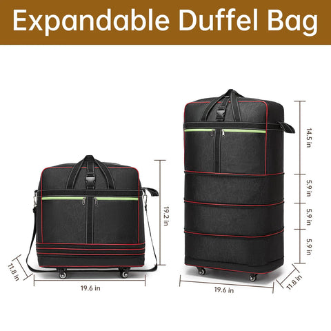 Foldable black expandable rolling duffel bag with wheels, carry handles, lime-green zippers and red trim
