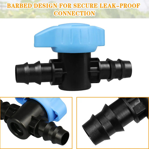 Inline Ball Valve Kit For Drip Irrigation, 12 Pack, one half inch tubing and five eighths inch compatible, secure leak-proof connection
