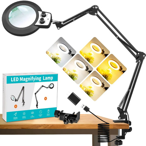 12X Magnifying Glass With Light And Stand Long Arm Magnifier for close work on desk, adjustable color and brightness settings visible.