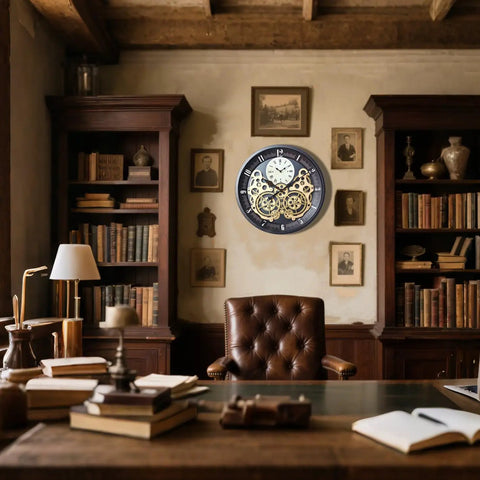 Vintage 18 Inch Wall Clock Featuring Smooth Moving Metal Gears Quiet Silent Battery Operated Accent in cozy home office decor.