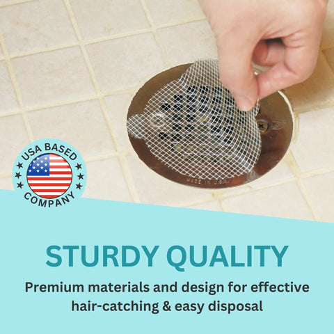 Peeling off disposable shower drain hair catcher mesh sticker from drain strainer with hand. Prevents clogs with waterproof adhesive.