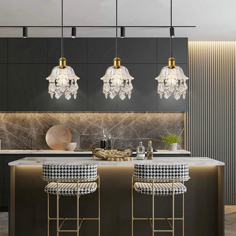 Kitchen island with three Vintage Plug In Pendant Light With Crystal Shade And 15 Ft Black Cord On Off Dimmer Switch Mini Chandelier