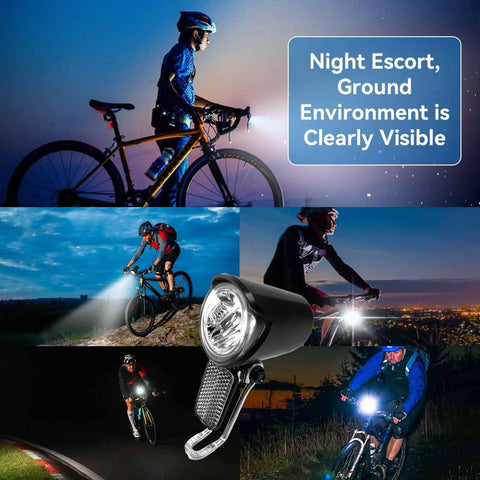 Cyclists riding at night using Ultra Bright Front Bike Headlight for Night Riding on 6 to 60V Electric Bikes, waterproof LED light.