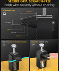 Diagram showing secure grip feature of Helping Hands Soldering Station with V-grooved jaw and flat jaw for wire holding.
