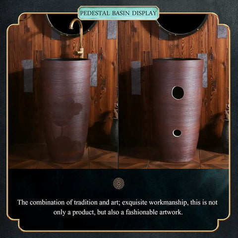 Slick Heavy Duty Ceramic China Vessel Sink And Pedestal Basin Combo With Built In Faucet Niche Pre Drained Port For Indoor Outdoor Bathroom Refresh No Mirror Needed Super Easy Install Real Deal displayed in a wooden bathroom.