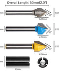 Drop Dead Durable Tungsten Carbide V Groove Router Bit Set For CNC Woodworking showing 60 and 90 degree bits with collet adapter.