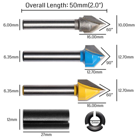 Drop Dead Durable Tungsten Carbide V Groove Router Bit Set For CNC Woodworking showing 60 and 90 degree bits with collet adapter.