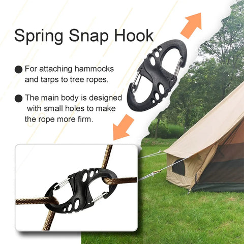 Spring Snap Hook attaching ropes to a tent in a grassy area, highlighting its design for firmness and hammock, tarp use.