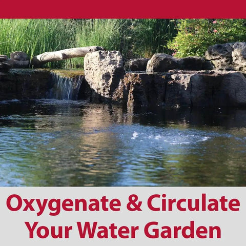 Complete Pond Aeration Kit For Backyard Ponds Up To 3000 Gallons And Four Feet Deep Includes Diaphragm Air Pump Air Line And Submersible Diffuser Stick To Boost Oxygen Circulation Improve Water Quality And Fish Health demonstrating aeration in a backyard pond with rock surround detail.