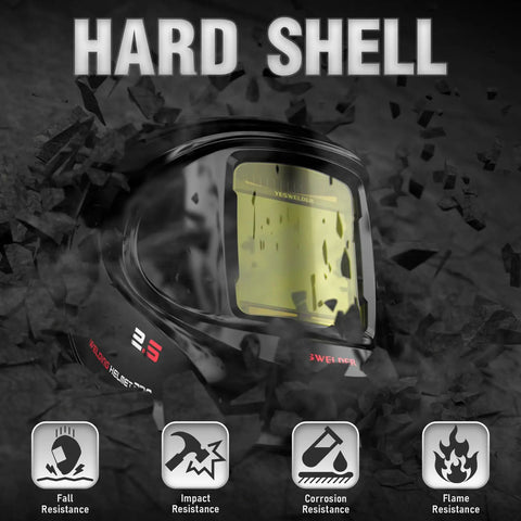 Large View Auto Darkening Welding Helmet Pro Grade With Blue Light Blocking Lens and True Color Solar Powered Welder Hood shown with durability icons.