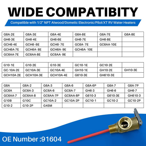 Brass 1/2 in NPT RV water heater pressure relief valve with extended probe; shown beside model compatibility chart