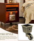 Four Pack Retro Bronze Square Base Caster Wheels With Heavy Duty Silent Ball Bearings And Ridiculously Smooth 360 Mobility So Your Furniture Rolls Like A Champ on a wooden nightstand.