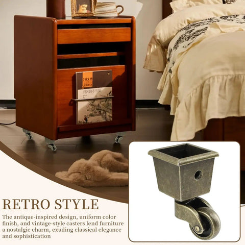 Four Pack Retro Bronze Square Base Caster Wheels With Heavy Duty Silent Ball Bearings And Ridiculously Smooth 360 Mobility So Your Furniture Rolls Like A Champ on a wooden nightstand.