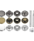 Kickass 24 Piece Leather Snap Fastener Kit 12Mm with brass and steel snaps plus press tools for DIY leather projects.