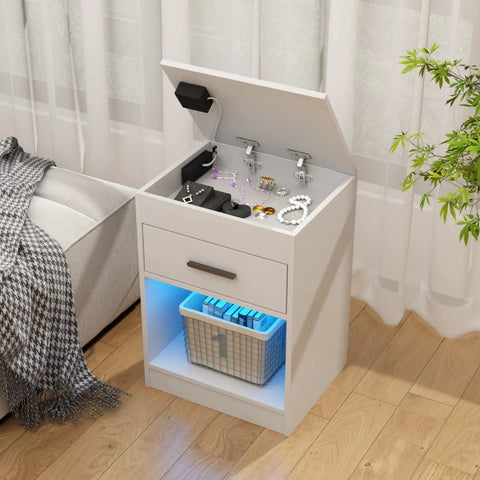 Ultra Sleek White Nightstand Packs A Rapid Charging Hub And Ambient Led Lighting While Guarding A Legit Hidden Safe For Stashing Cash And Electronics Plus Extra Power Outlets with drawer and open storage.