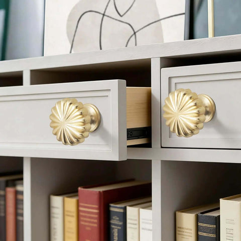 Six Pack Gold Pumpkin Shaped Cabinet Knobs With Screws on gray drawers in bookshelf, vintage zinc alloy pulls