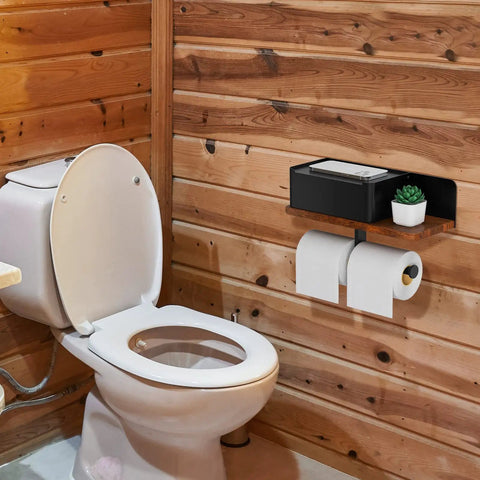 Toilet Paper Holder With Shelf Dual Roll And Wipes Dispenser For Bathroom Wall Mounted Storage Black Metal And Solid Wood Aromatherapy Phone Shelf