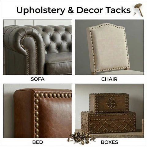 Legit Heavy Duty Antique Brass Upholstery Tacks 500 Piece Bulk Kit 7 16 Inch Dome Nailhead Trim For Sofa And Headboard Restore Vintage Furniture Nails To Fix Up Any Spot Fast on various furniture pieces.