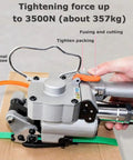 Heavy Duty Pneumatic Strapping Machine With Friction Heat Welding Portable Hand Baler for Warehouse Packing, showing details of tightening force and features.
