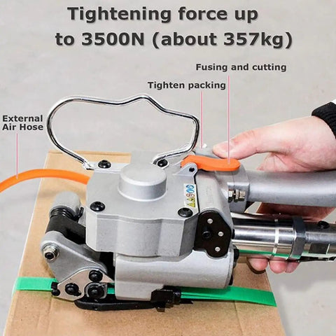 Heavy Duty Pneumatic Strapping Machine With Friction Heat Welding Portable Hand Baler for Warehouse Packing, showing details of tightening force and features.