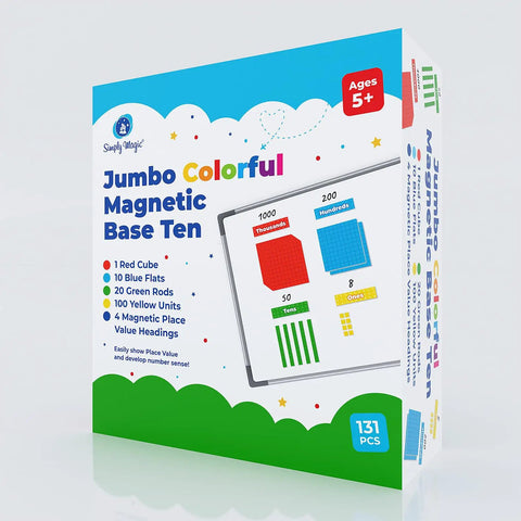 Box packaging of Jumbo Colorful Magnetic Base Ten Blocks Set 131 Plus 4 For Math Fun Hands On Place Value Learning Base Ten Counters.