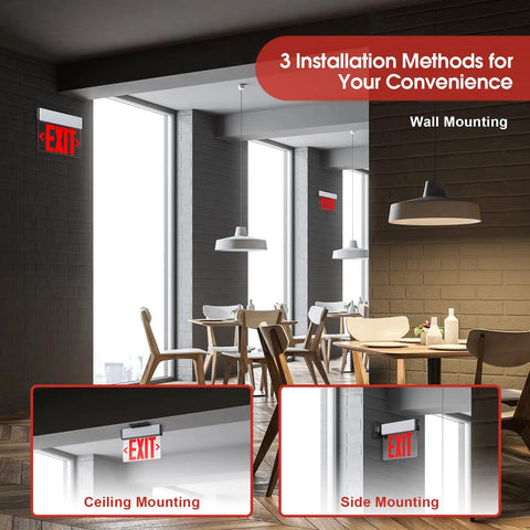 Red LED Edge Lit Exit Sign UL Listed With Battery Backup In Brushed Aluminum Housing mounted in an office dining area.