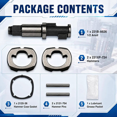 Heavy Duty Pneumatic Impact Wrench Hammer Head Replacement Kit For Ingersoll Rand 2135 Series Half Inch Anvil contents with anvil, hammers, gasket, pins, and grease packet.