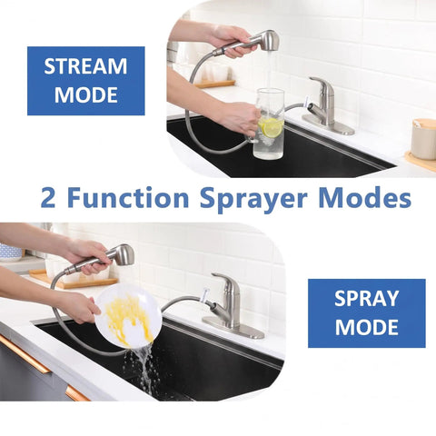 Solid Build Kitchen Faucet With Pull Out Sprayer Lead Free Stainless Steel Sink Mixer featuring both stream and spray modes in use.