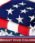 Stack of American flags showcasing embroidered stars and sewn stripes, highlighting the 2.5 By 4 Ft American Flag Pole Sleeve For Outdoor Use.
