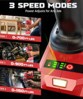 Garage Tested Heavy Hitter 1/2 Inch Cordless Impact Wrench showing 3 speed modes and torque settings for versatile use.