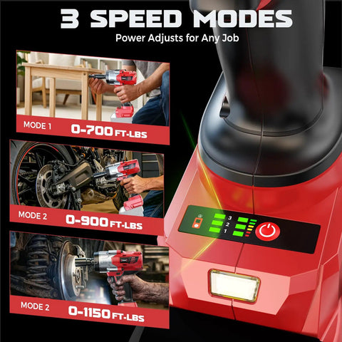 Garage Tested Heavy Hitter 1/2 Inch Cordless Impact Wrench showing 3 speed modes and torque settings for versatile use.