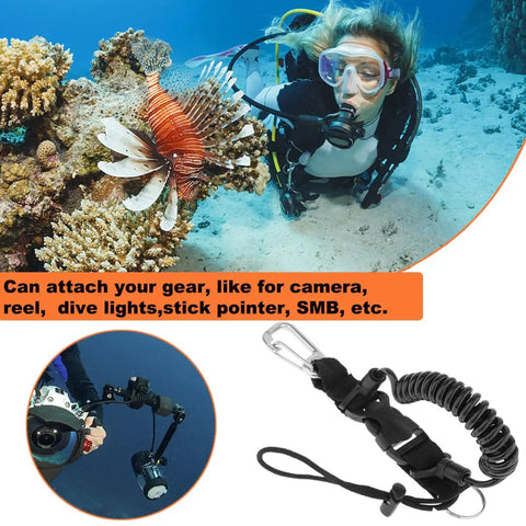 Scuba Diving Coil Lanyard With Stainless Steel Spring Clip And Quick Release Buckle For Underwater Gear Like Flashlights And Cameras TPU Coated Cable Anti Corrosion Heavy Duty Built For Freediving next to diver underwater